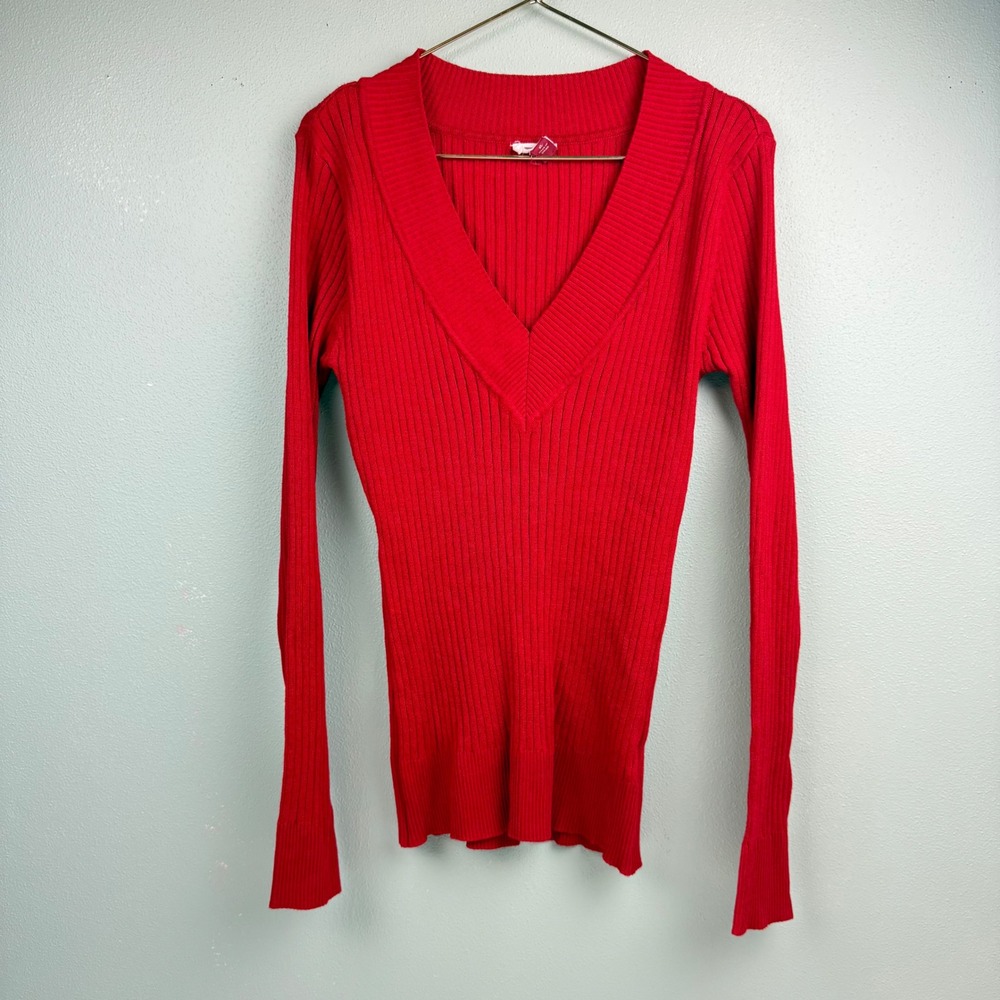 Y2K LEI Red Ribbed V-Neck Long Sleeve Sweater Junior XL Bodycon Stretch Slim Fit